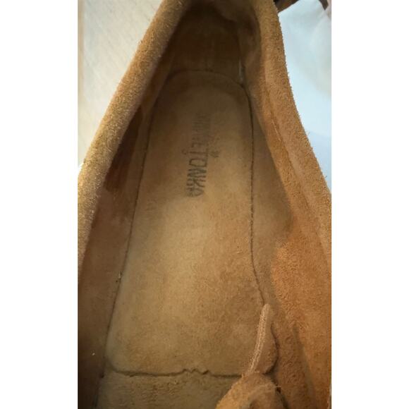 VTG Minnetonka Y2K Camel Brown Suede Beaded Moccasins 11 Hard Sole Boho Fall - Picture 8 of 11